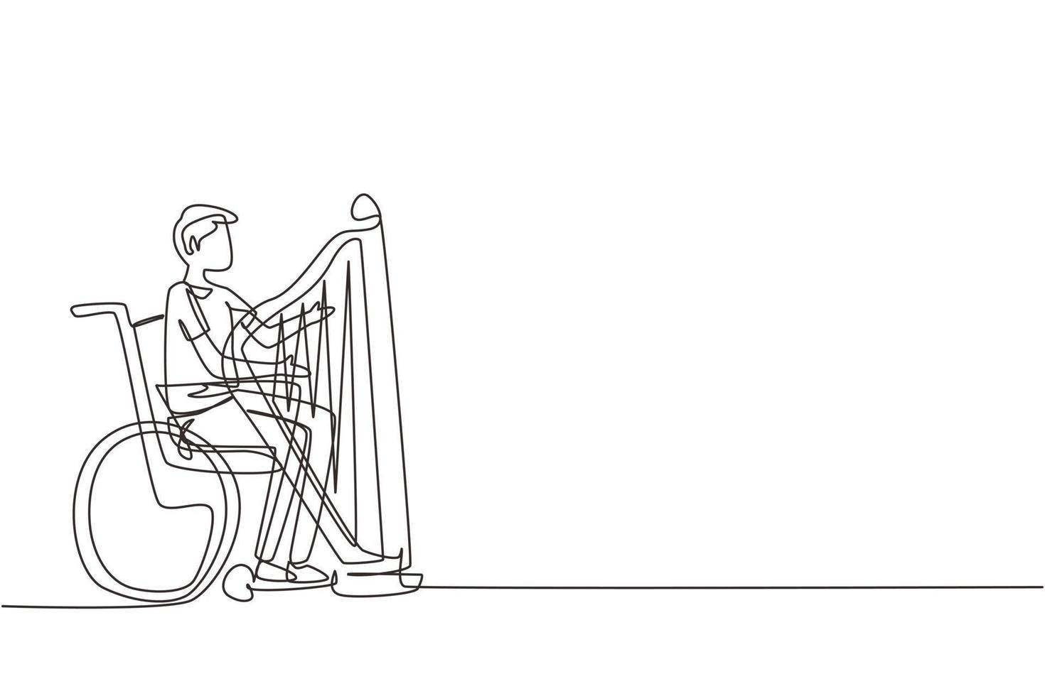 singolo disegno a tratteggio giovane bell'uomo seduto su sedia a rotelle suona l'arpa in concerto. disabilità e musica classica. disabile fisico. persona in ospedale. vettore di disegno a linea continua