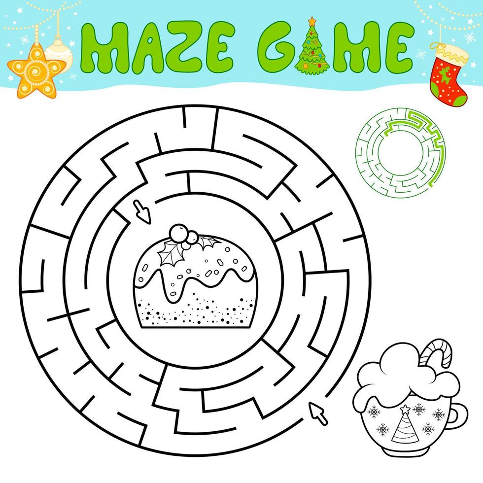 gioco di puzzle labirinto di natale in bianco e nero per bambini. contorno cerchio labirinto o gioco del labirinto con torta di Natale. vettore