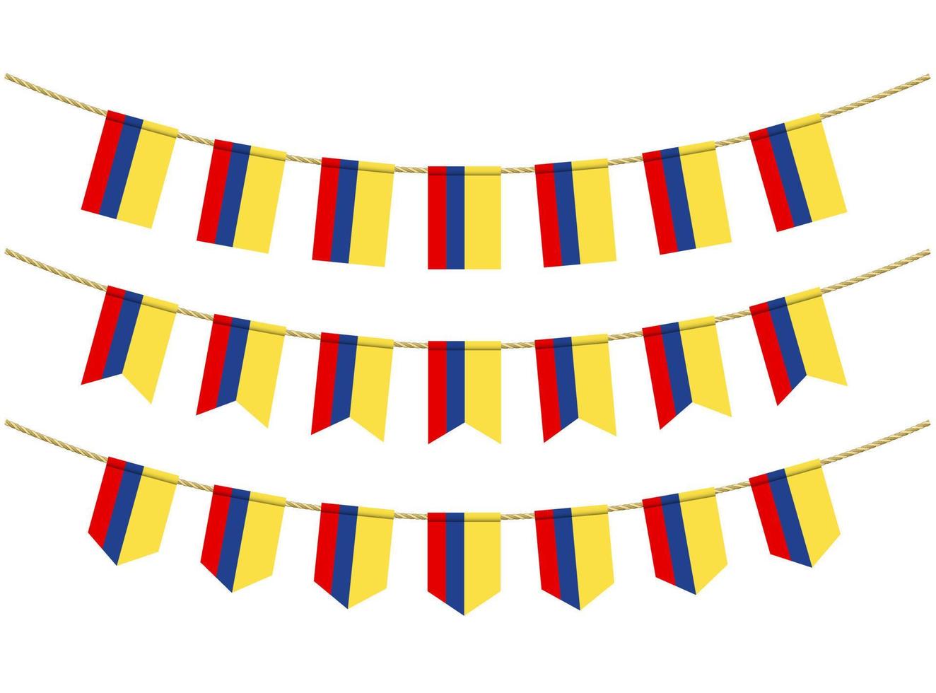 bandiera della Colombia sulle corde su sfondo bianco. set di bandiere di stamina patriottiche. decorazione della stamina della bandiera della Colombia vettore