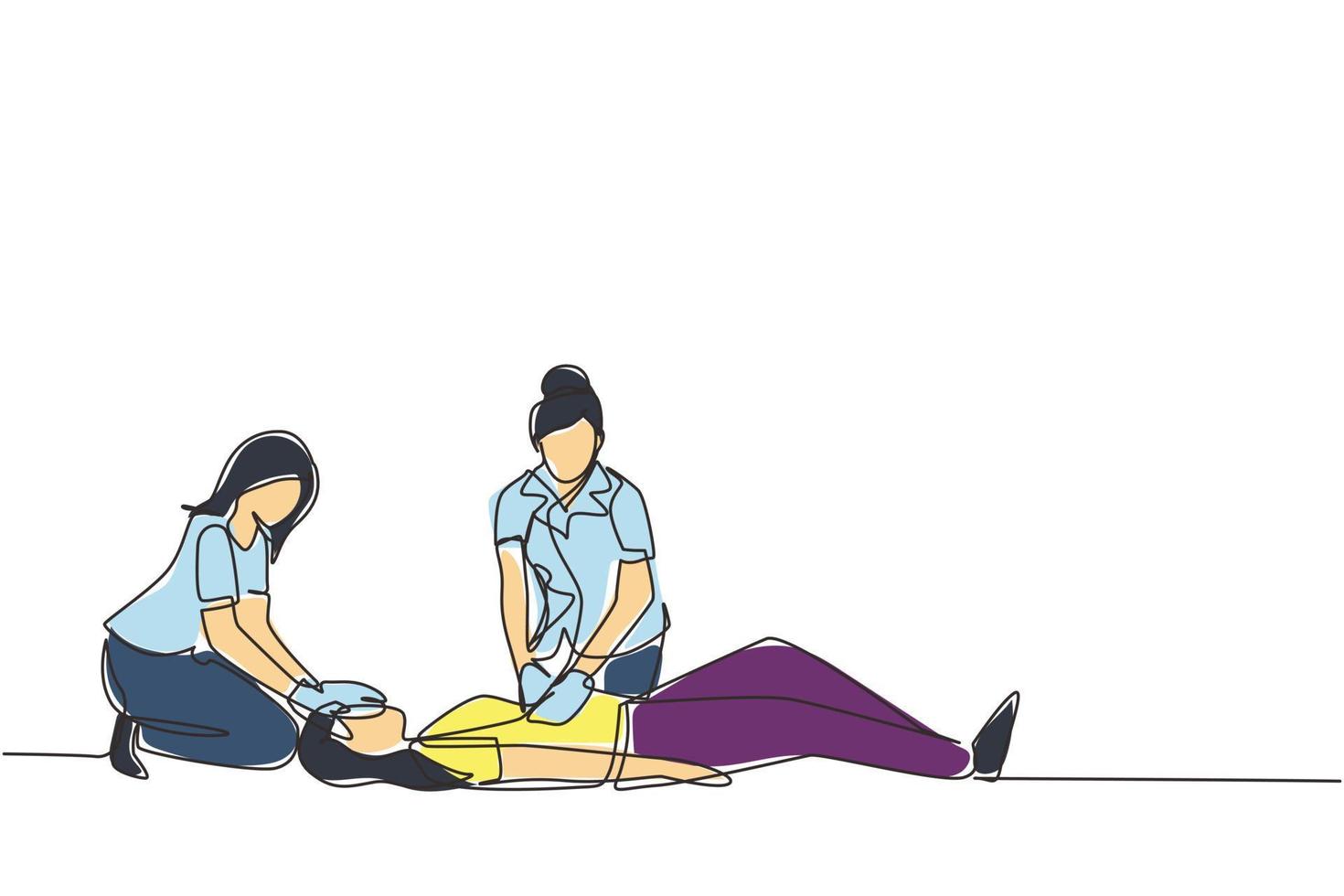 paramedico di disegno continuo di una linea che fornisce il primo soccorso al paziente con massaggio cardiaco indiretto. salvare vite umane o un incidente di emergenza. salute, cura, lavoro di squadra. illustrazione vettoriale di disegno a linea singola