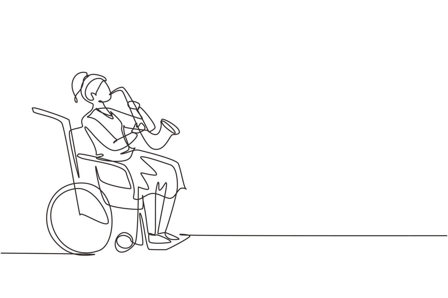 disegno continuo di una linea donna seduta in sedia a rotelle suona il sassofono. disabilità e musica classica. disabile fisico, frattura. persona in ospedale. grafica vettoriale di disegno a linea singola