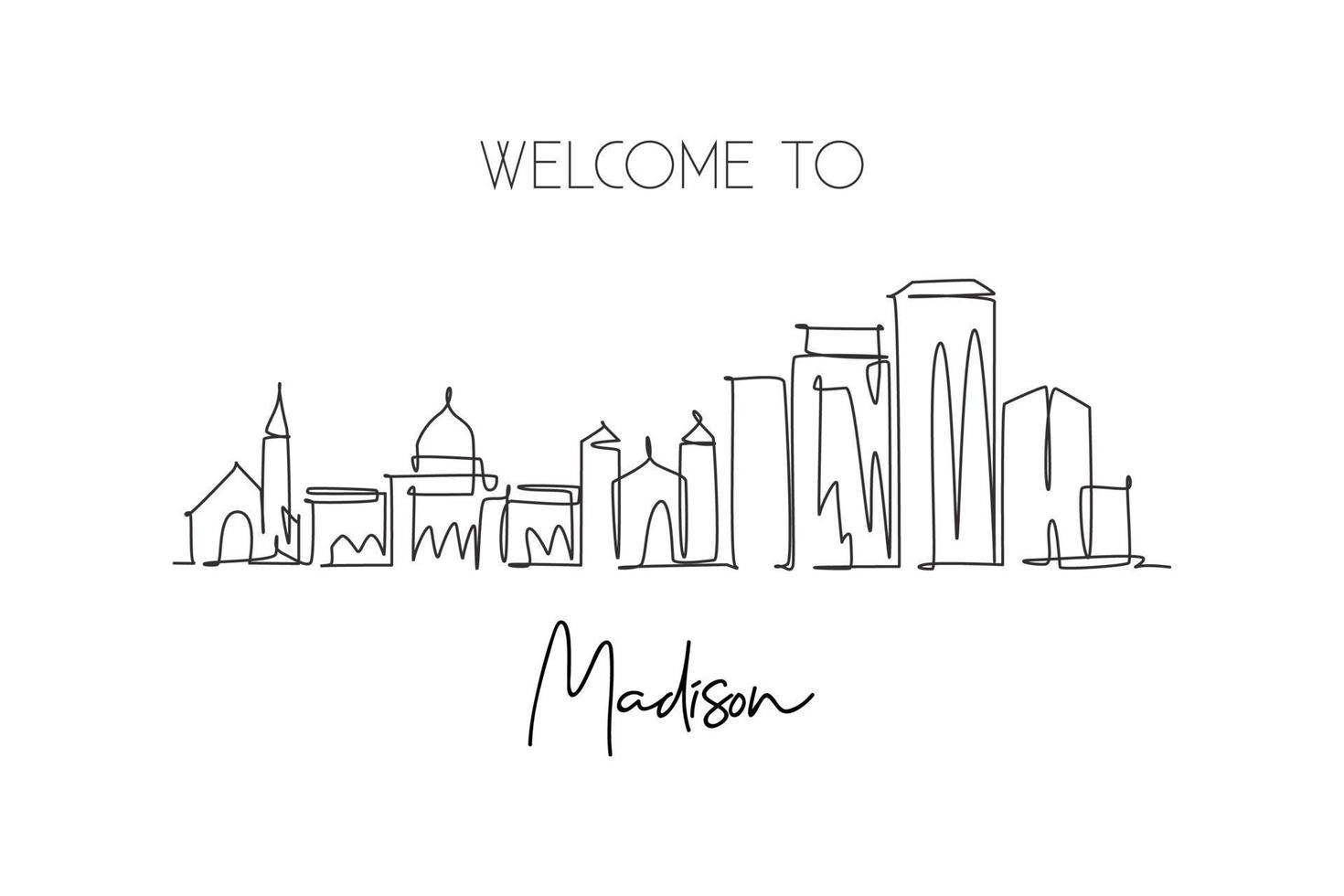 unico disegno a linea continua dello skyline di madison city, wisconsin. famoso paesaggio di raschietto della città. concetto di stampa di poster di arte della decorazione della parete di casa di viaggio del mondo. illustrazione vettoriale moderna di disegno di una linea