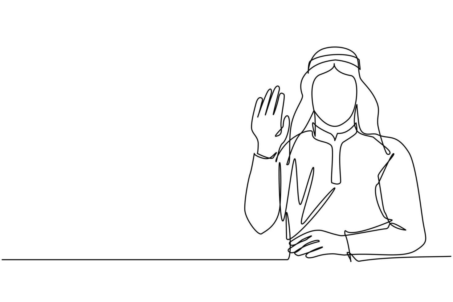 singolo disegno a tratteggio giovane uomo d'affari arabo che mostra il palmo come segno di stop, soggiorno, attesa o gesto di rifiuto. emozione, concetto di linguaggio del corpo. illustrazione vettoriale grafica di disegno a linea continua
