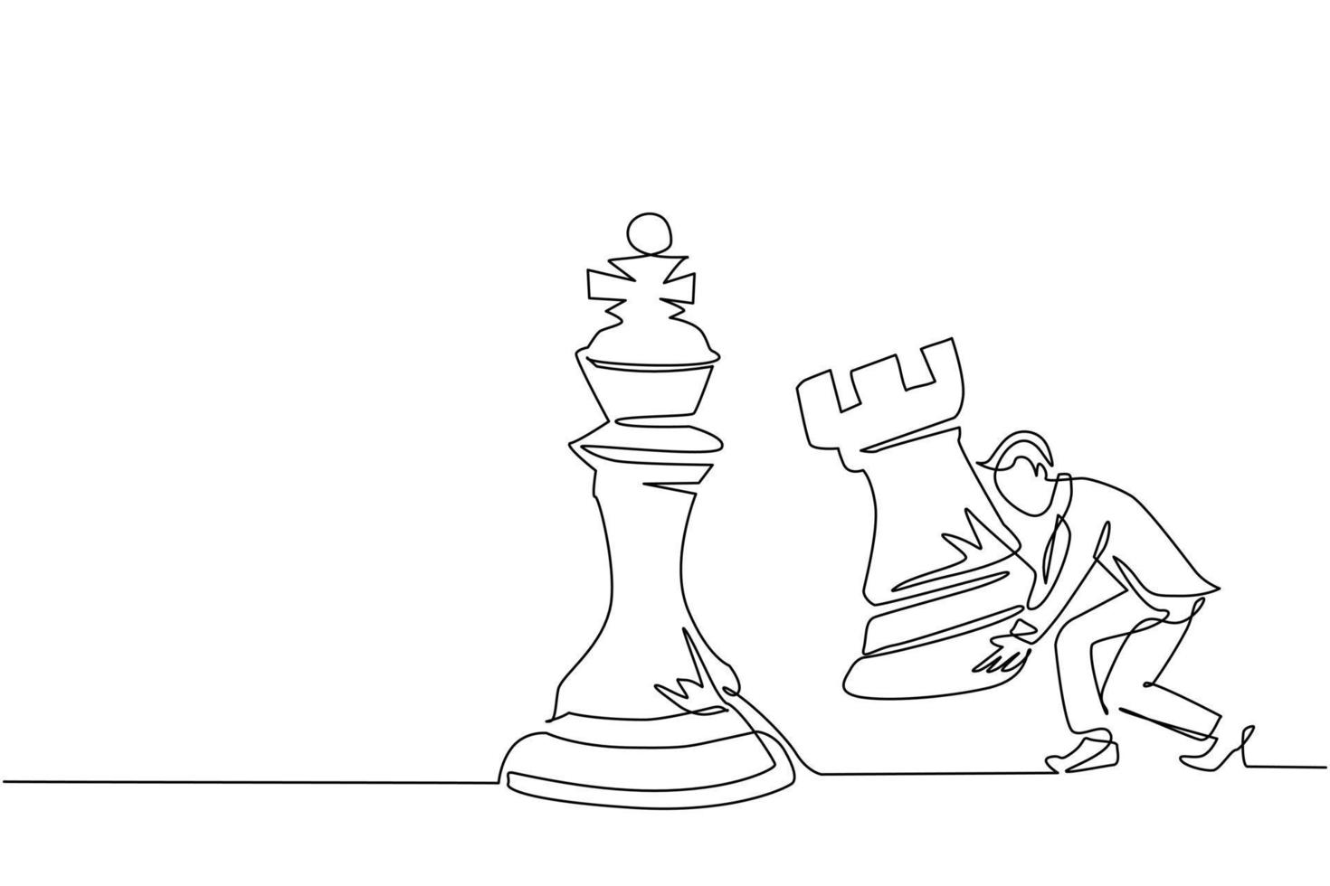 un uomo d'affari di disegno a una linea continua che tiene il pezzo degli scacchi della torre per battere il re degli scacchi. pianificazione strategica, strategia di sviluppo del business, tattiche nell'imprenditorialità. vettore di disegno a linea singola
