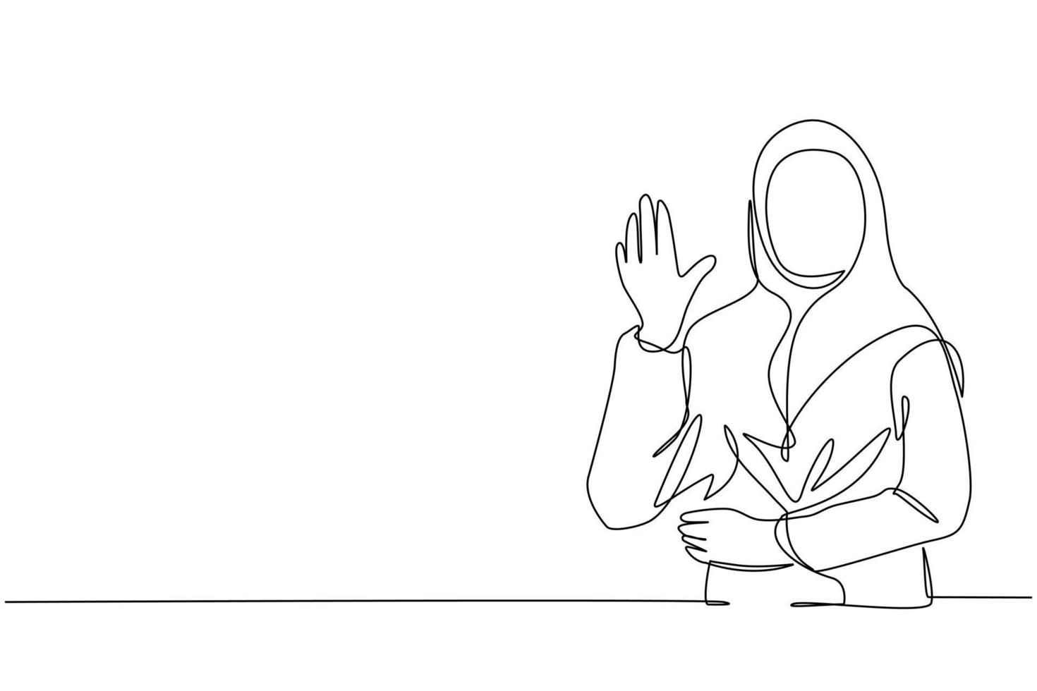 singola linea di disegno giovane donna d'affari araba che mostra il palmo come segno di stop, soggiorno, attesa o gesto di rifiuto. emozione, concetto di linguaggio del corpo. illustrazione vettoriale grafica di disegno a linea continua