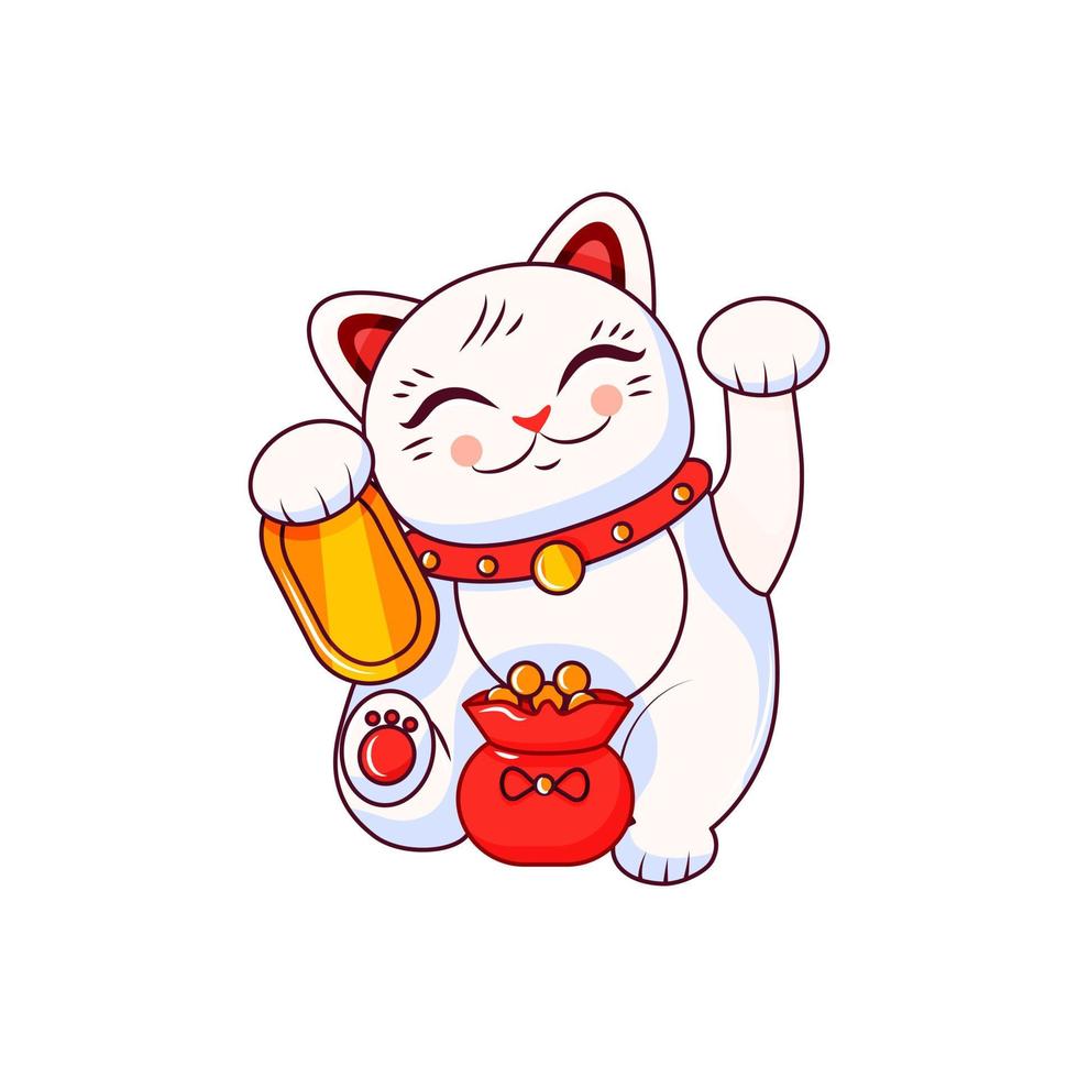 gatto giapponese di buona fortuna maneki neko su uno sfondo bianco isolato. simbolo di ricchezza. illustrazione del fumetto di vettore
