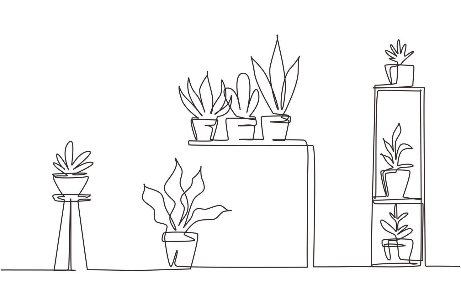 un unico disegno a tratteggio giardino di casa, piante grasse, fiori, piante in vaso. interior design, tavolo, rack, supporto per piante da casa. piantine di tulipani decorativi. illustrazione vettoriale di disegno a linea continua