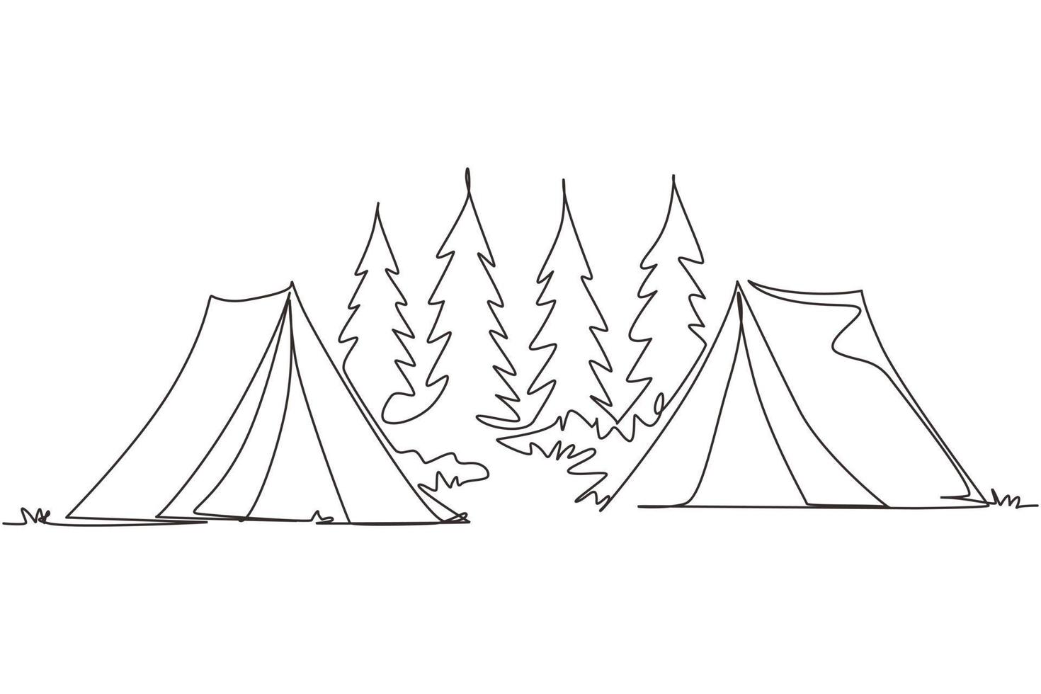 una linea continua disegnando due tende da campeggio spedizione turistica in montagna nella foresta di pini. concetto di viaggio, avventura, natura, spedizione e vacanza. illustrazione grafica vettoriale di disegno a linea singola