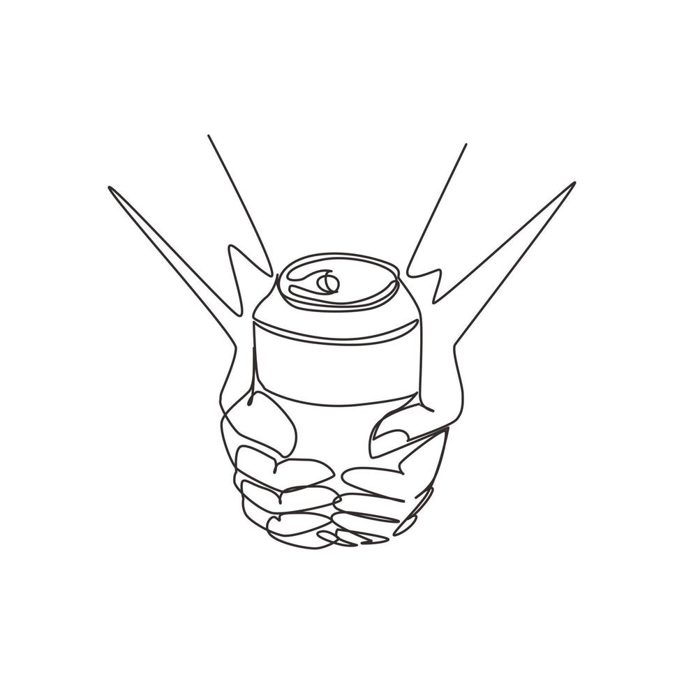 mani di disegno a linea continua singola che tengono una lattina metallica con un drink. bevanda in lattina di alluminio senza etichette. bevande in contenitori di metallo. illustrazione vettoriale di disegno grafico dinamico di una linea