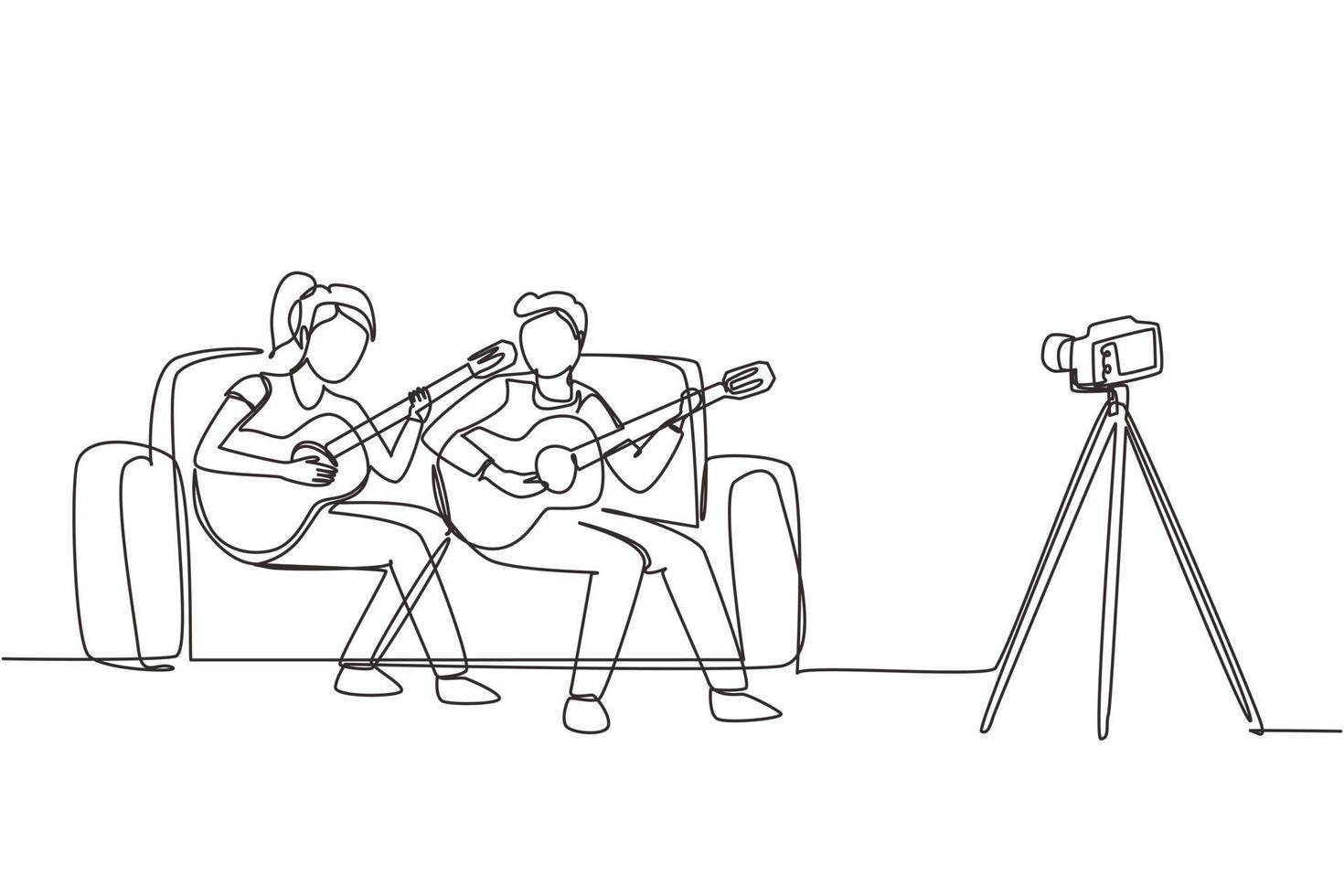 singolo disegno a linea continua coppia vlog influencer che esegue spettacoli musicali in streaming su Internet pubblico online che ascolta a casa. uomo donna suonare la chitarra e cantare una canzone. vettore di disegno di una linea