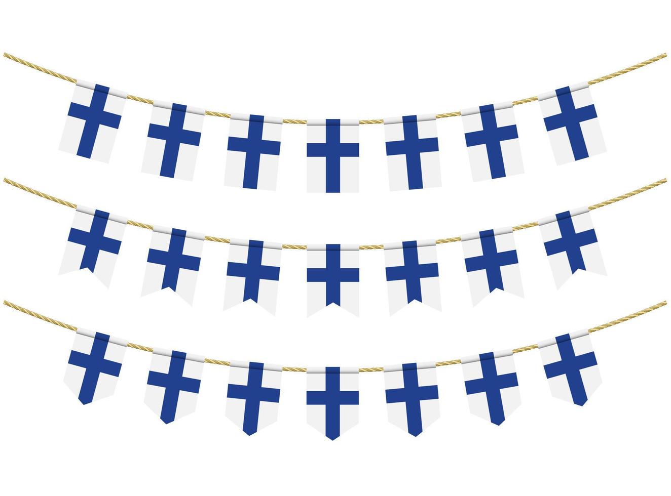 bandiera della Finlandia sulle corde su sfondo bianco. set di bandiere di stamina patriottiche. decorazione pavese della bandiera della Finlandia vettore