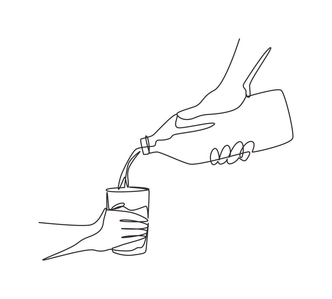 la mano della donna di disegno continuo di una linea versa il latte fresco dalla bottiglia di vetro nel vetro. il concetto di latticini sani con calcio. routine mattutina. illustrazione vettoriale di disegno a linea singola
