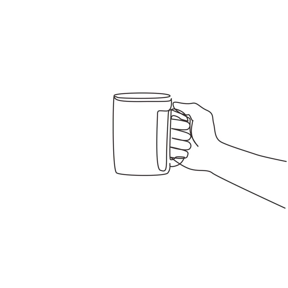 una sola linea di disegno la mano umana tiene una tazza di ceramica con caffè o tè. la mano tiene una tazza calda per il manico. tempo di relax al mattino. illustrazione vettoriale grafica di disegno a linea continua
