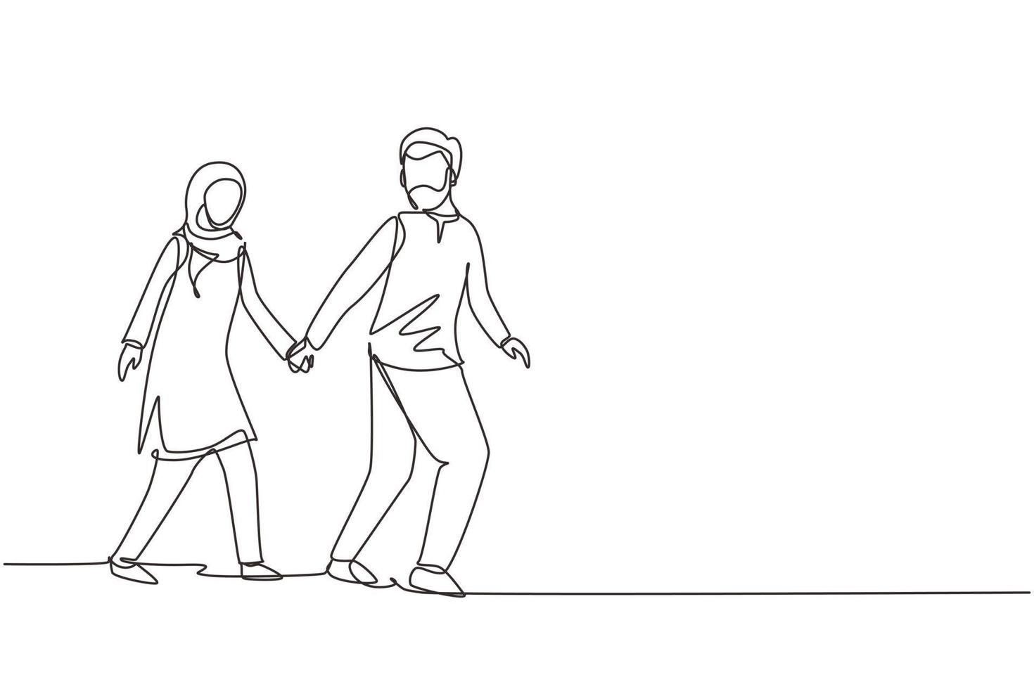 disegno continuo di una linea felice uomo arabo tirato la mano della donna. coppia romantica che cammina per una vacanza romantica sul lungomare di luna di miele. vacanze estive di coppia. illustrazione grafica vettoriale di progettazione a linea singola