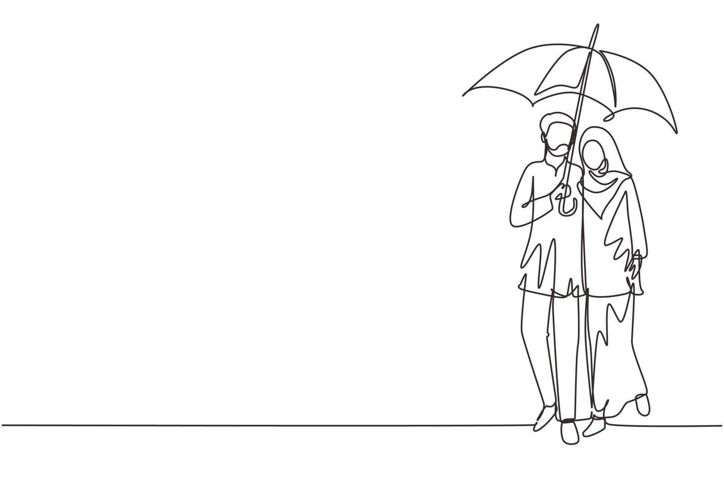 disegno a linea continua singola coppia araba uomo donna, ragazza e ragazzo che camminano tenendo l'ombrello sotto la pioggia abbracciando sorridenti. coppia romantica al tempo piovoso autunnale. vettore di disegno grafico a una linea