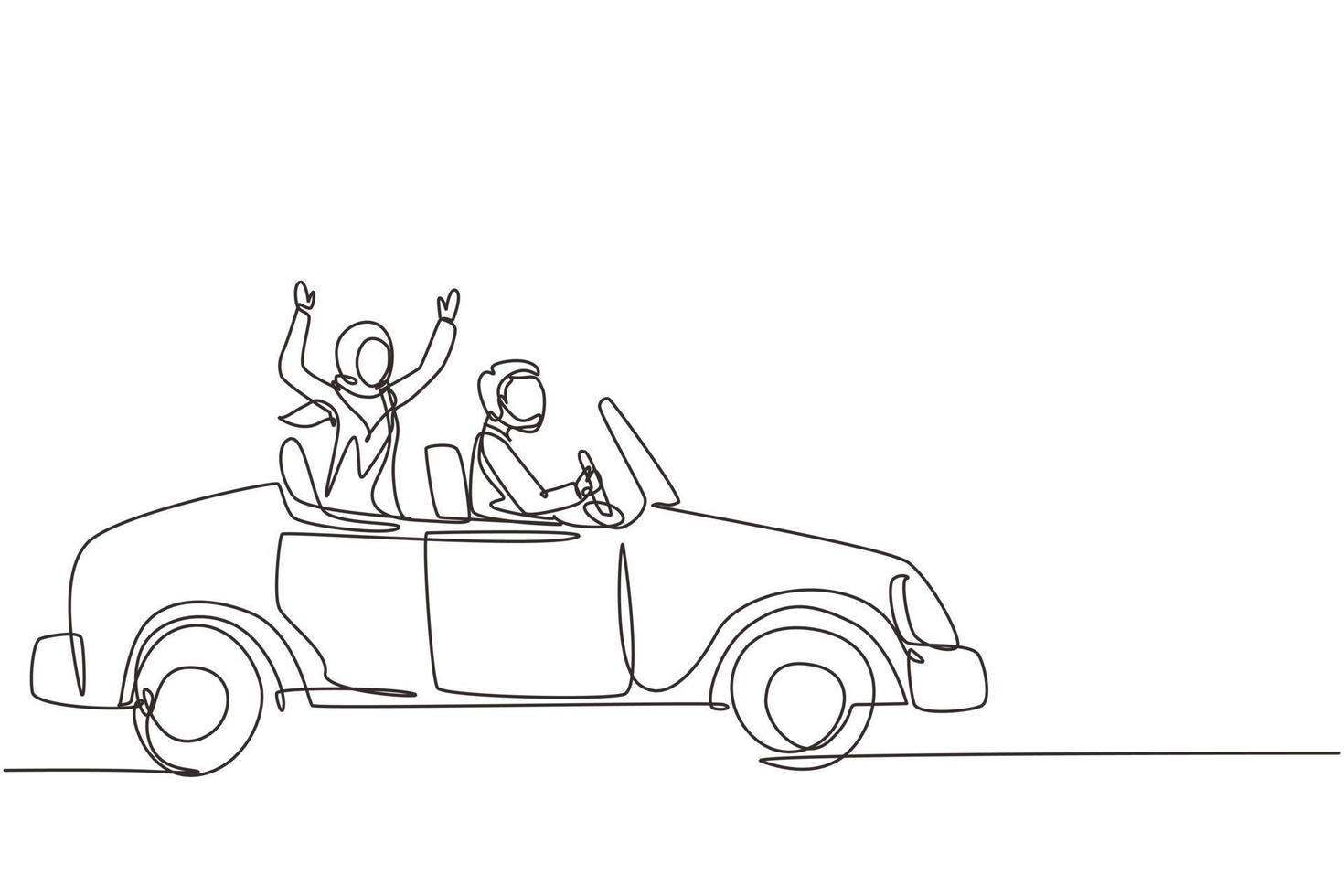 una linea continua che disegna lo sposo di una coppia araba appena sposata nel veicolo. uomo e donna felici che guidano l'auto di nozze. relazione romantica di coppia sposata. illustrazione grafica vettoriale di progettazione a linea singola