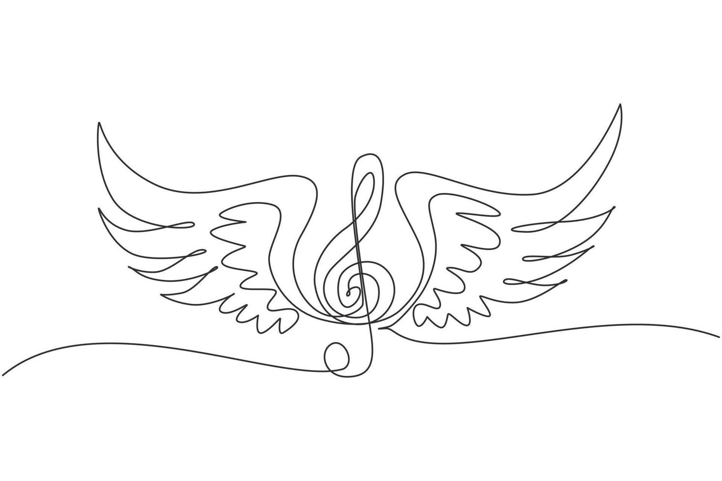 una linea continua disegno chiavi di violino con le ali isolate su sfondo bianco. chiave di violino piuma alata o simbolo musicale. icona del logo musicale. illustrazione grafica vettoriale di disegno a linea singola