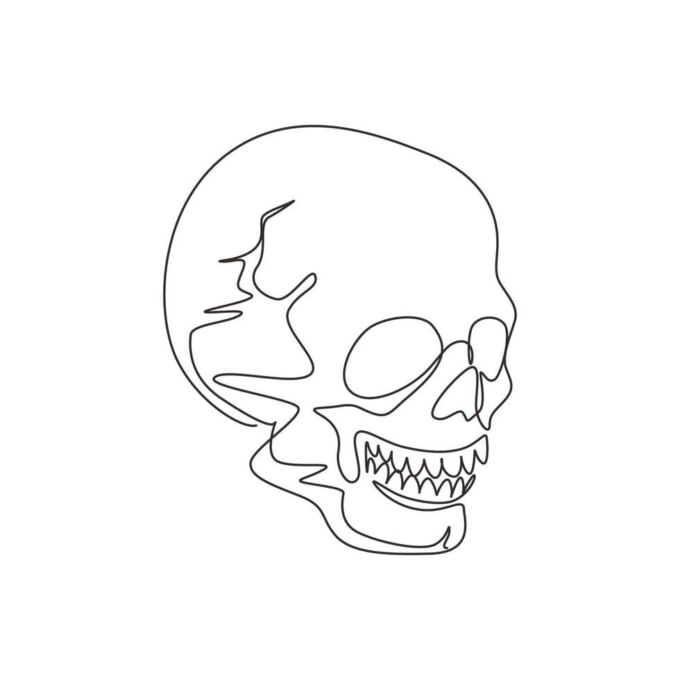 teschi grafici di disegno a linea singola isolati su sfondo bianco. anatomia viso halloween horror elementi vettoriali. cranio umano inciso con mascella chiusa. vettore grafico di disegno di linea continua