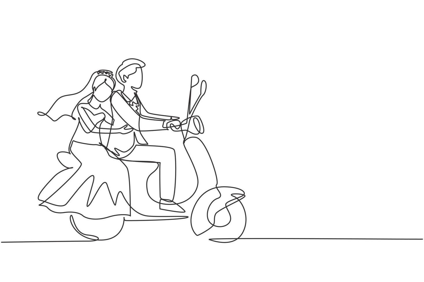 disegno a linea continua singola coppia sposata in sella a una moto. l'uomo che guida lo scooter e la donna sono passeggeri mentre si abbracciano indossando un abito da sposa. guidando in sicurezza. vettore di disegno grafico a una linea