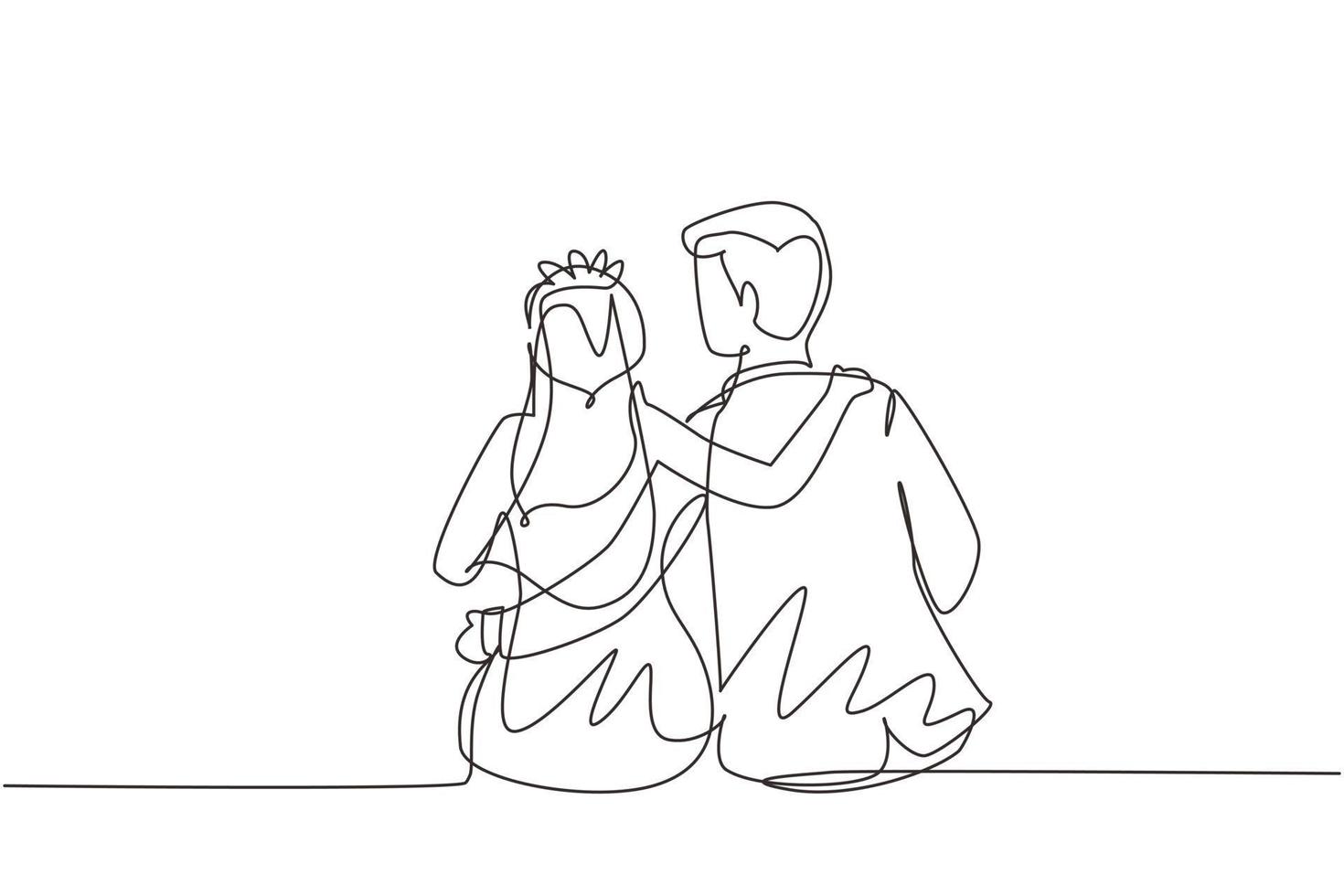 disegno continuo di una linea coppia sposata innamorata. uomo che abbraccia il suo partner donna che indossa un abito da sposa. l'intimità celebra l'anniversario di matrimonio. illustrazione grafica vettoriale di disegno a linea singola