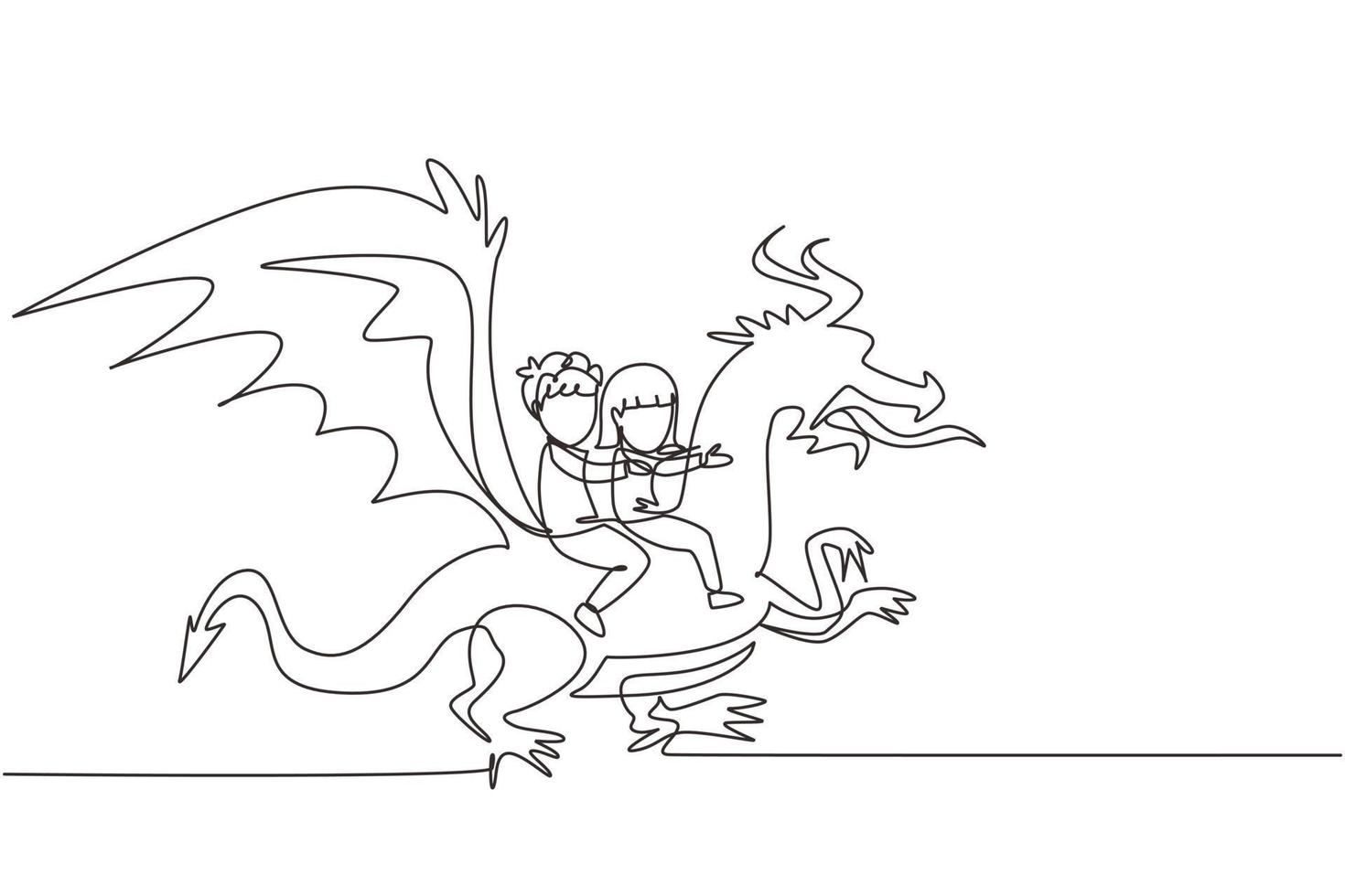 un unico disegno a tratteggio felice ragazzino e ragazza che volano insieme con il drago fantasy. i bambini volano e si siedono sul dorso del drago al cielo. fiaba immaginaria per bambini. vettore di disegno a linea continua