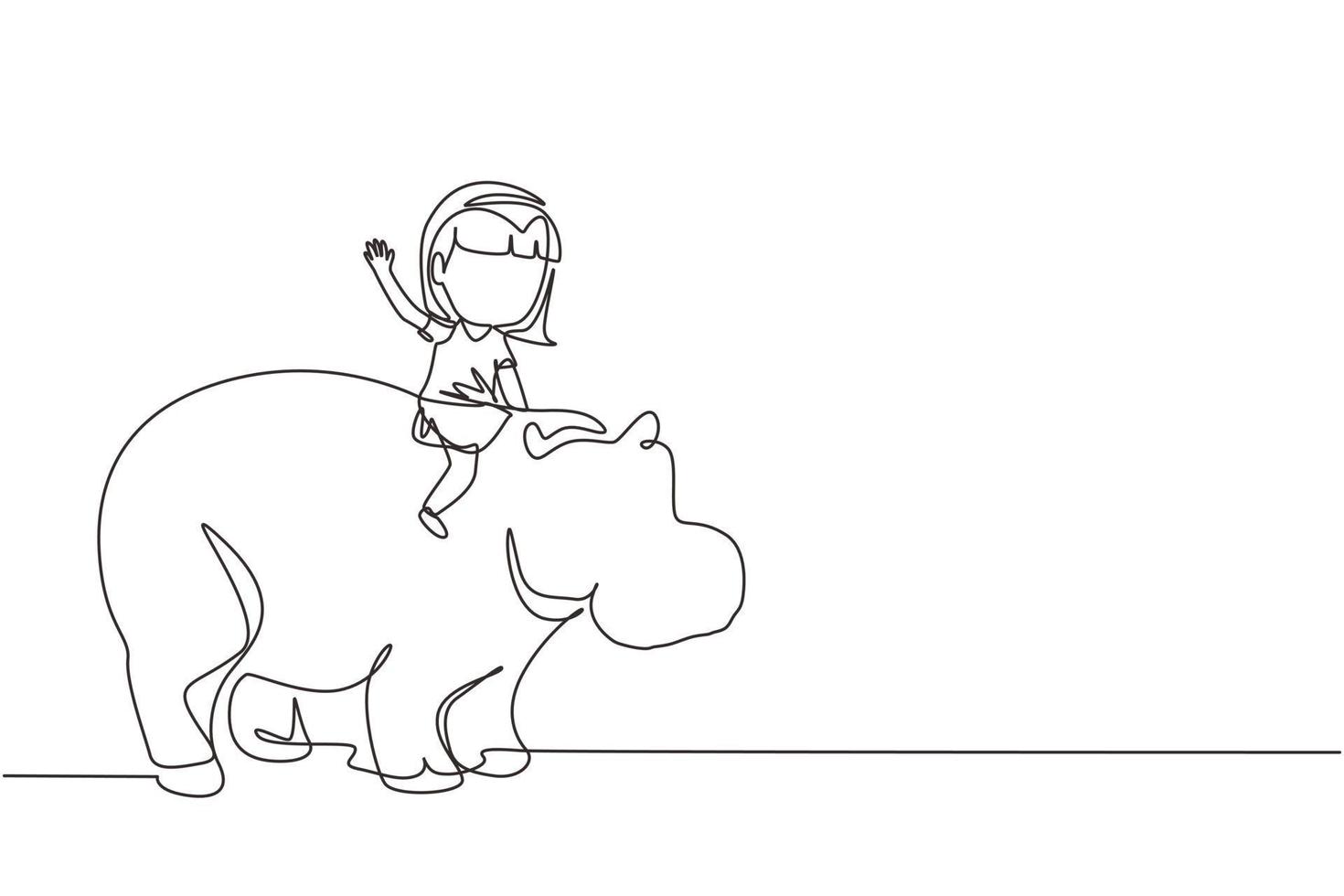 una linea continua che disegna una bambina felice che cavalca un forte ippopotamo. bambino seduto sull'ippopotamo posteriore nello zoo. bambini che imparano a cavalcare l'ippopotamo. illustrazione grafica vettoriale di disegno a linea singola