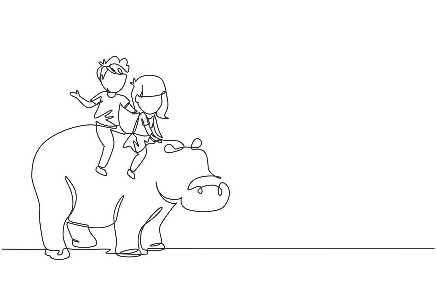 un disegno continuo di una linea felice ragazzino e ragazza che cavalcano ippopotami insieme. bambini seduti sull'ippopotamo posteriore nello zoo. bambini che imparano a cavalcare l'ippopotamo. grafica vettoriale di disegno a linea singola
