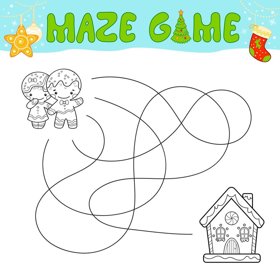gioco di puzzle labirinto di natale per bambini. contorno labirinto o labirinto. trova il gioco del percorso con l'omino di pan di zenzero di Natale e la casa di pan di zenzero. vettore