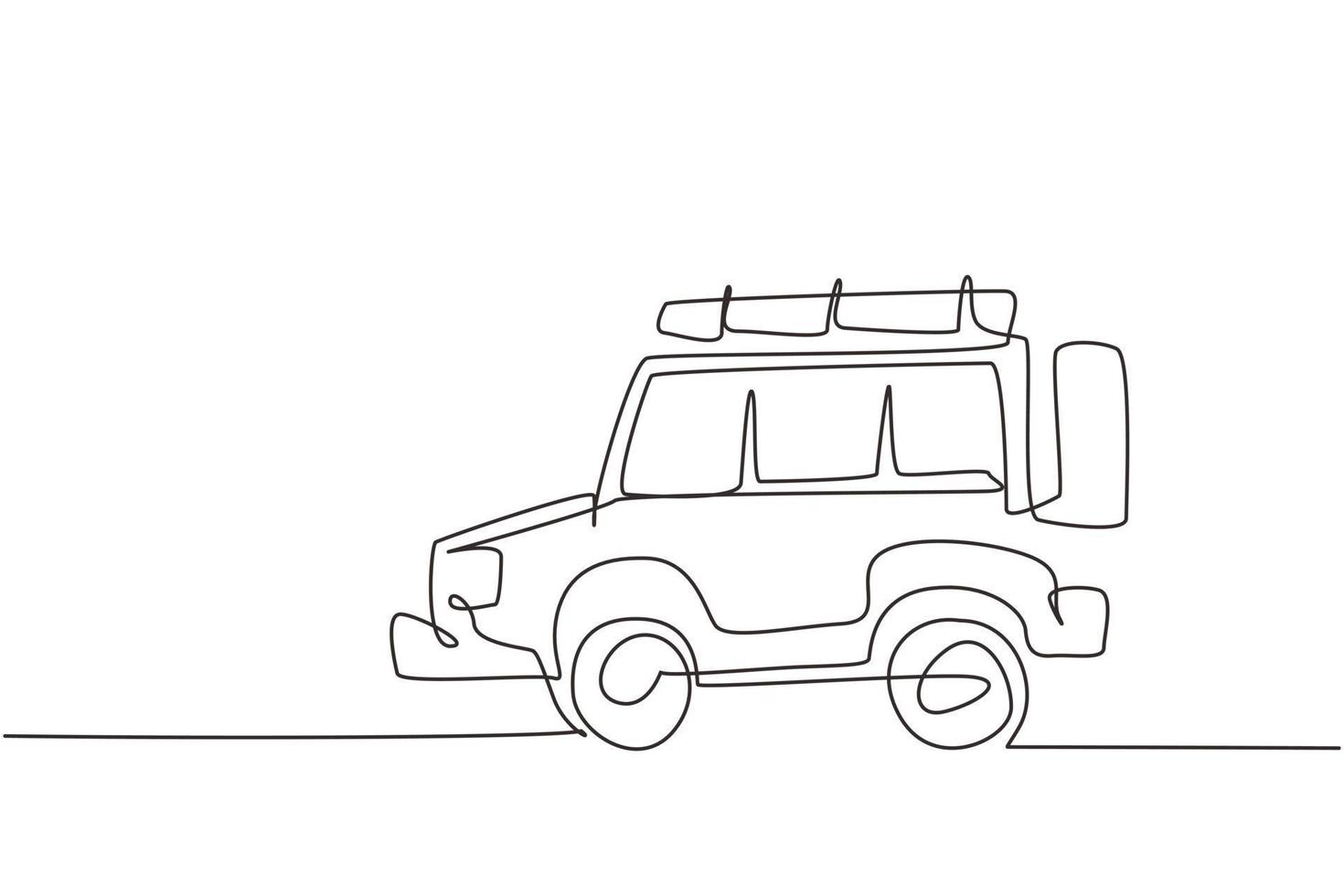 un'auto di disegno a linea continua fuori strada. stile divertente del fumetto. vista laterale. bella automobile. auto in design piatto. giocattolo per bambini fuoristrada. illustrazione grafica vettoriale di disegno a linea singola