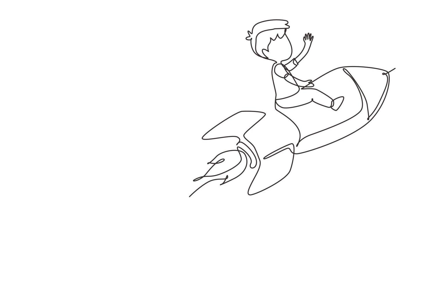 un disegno continuo di una linea il ragazzo felice è seduto su un razzo volante. bambino in età prescolare. bambini seduti su un razzo. di nuovo a scuola. concetto educativo. illustrazione grafica vettoriale di disegno a linea singola