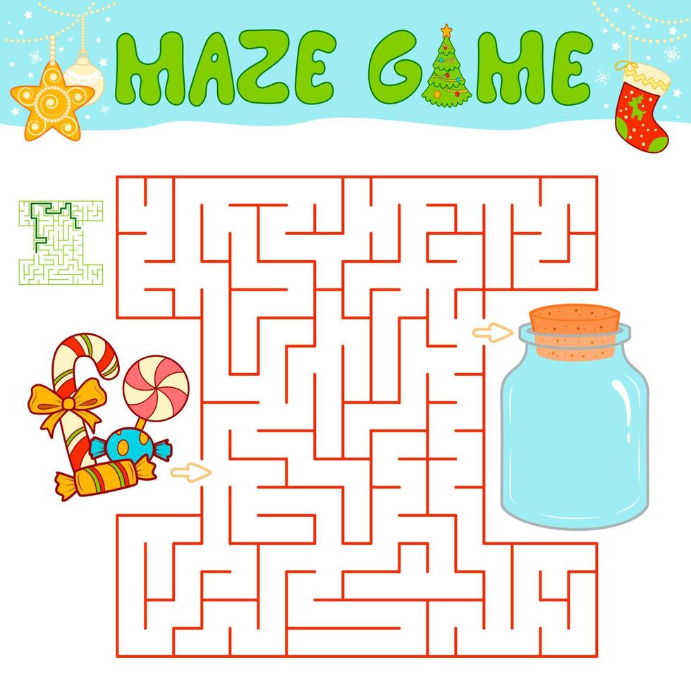 gioco di puzzle labirinto di natale per bambini. labirinto o gioco del labirinto con caramelle di Natale. vettore