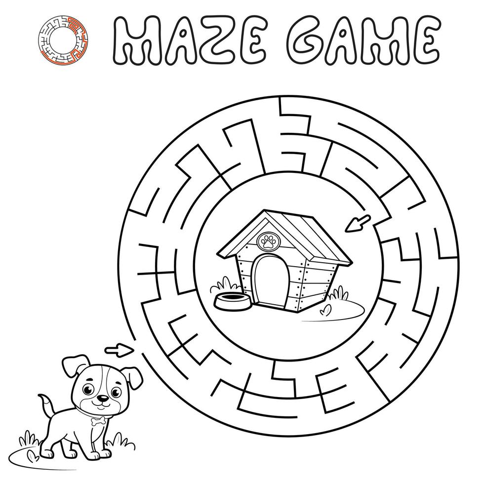 gioco di puzzle labirinto per bambini. contorno cerchio labirinto o gioco del labirinto con il cane. vettore