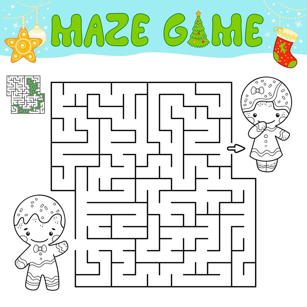 gioco di puzzle labirinto di natale per bambini. contorno labirinto o gioco del labirinto con l'omino di pan di zenzero di Natale. vettore