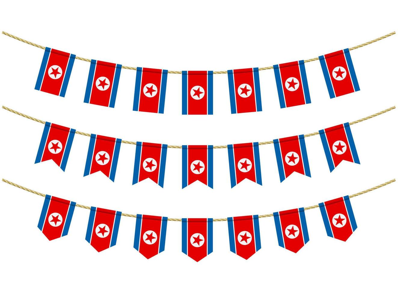 bandiera della corea del nord sulle corde su sfondo bianco. set di bandiere di stamina patriottiche. decorazione pavese della bandiera della Corea del Nord vettore