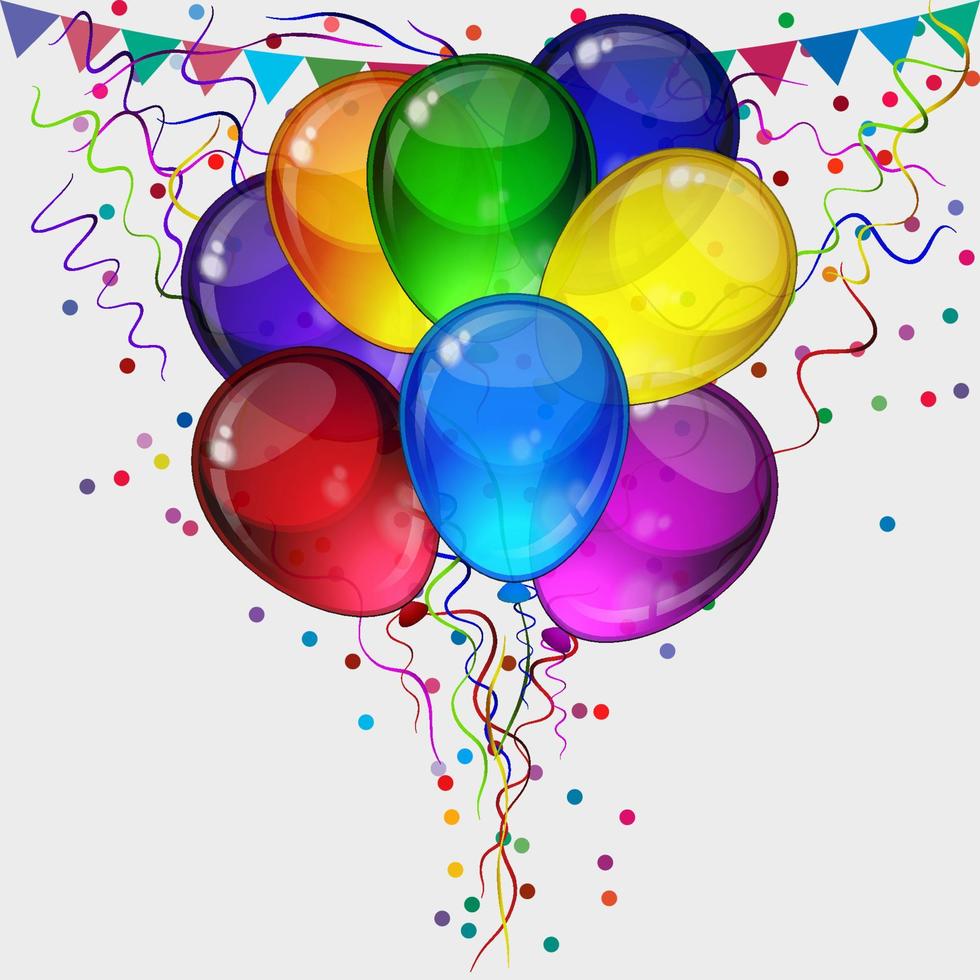 sfondo vettoriale festa di compleanno - trasparenza realistica palloncini festivi colorati, coriandoli, nastri che volano per carta celebrazioni in sfondo bianco isolato con spazio per il testo.