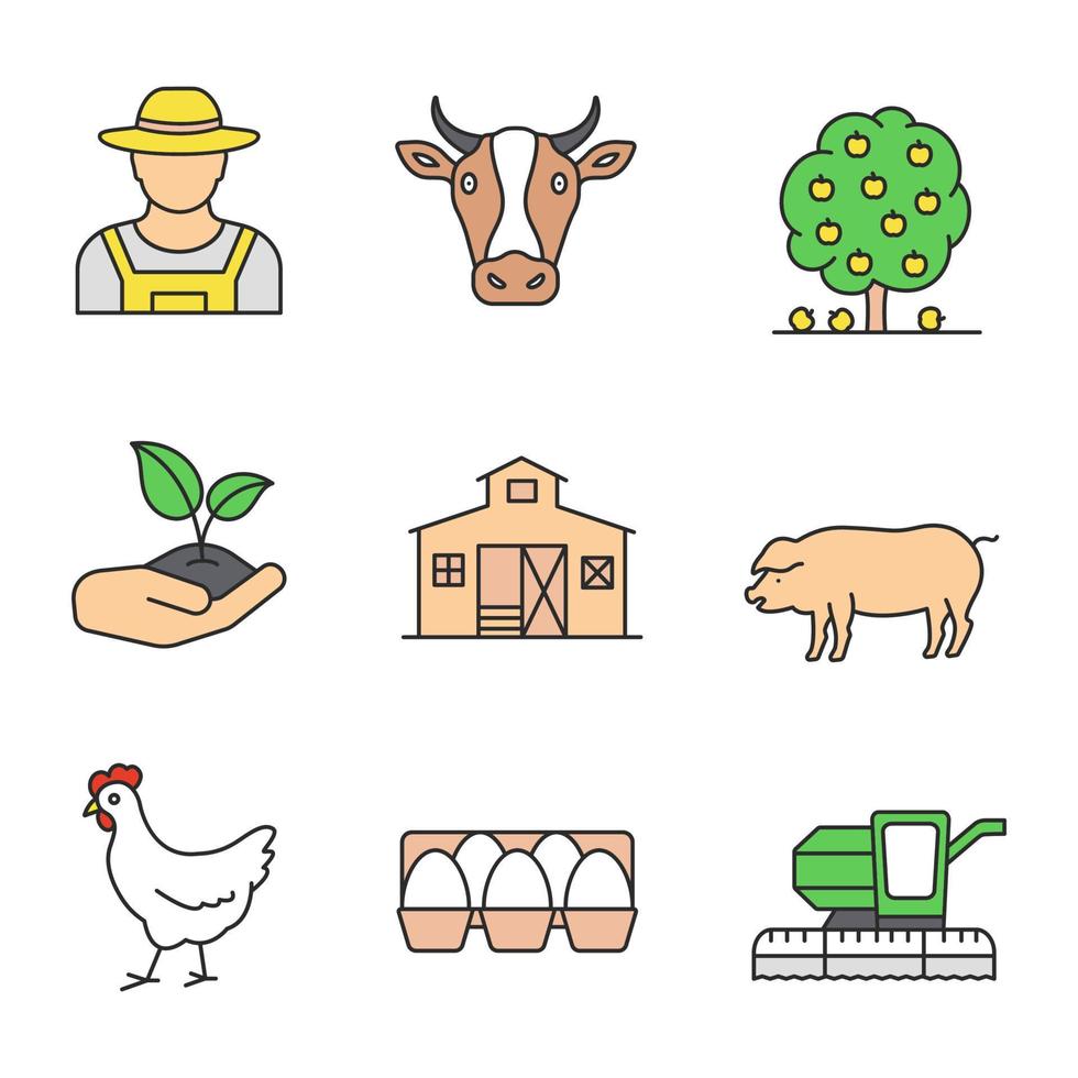 set di icone a colori per l'agricoltura. contadino, testa di mucca, albero da frutto, germoglio in mano, fienile, maiale, pollo, vassoio per uova, mietitrebbia. illustrazioni vettoriali isolate