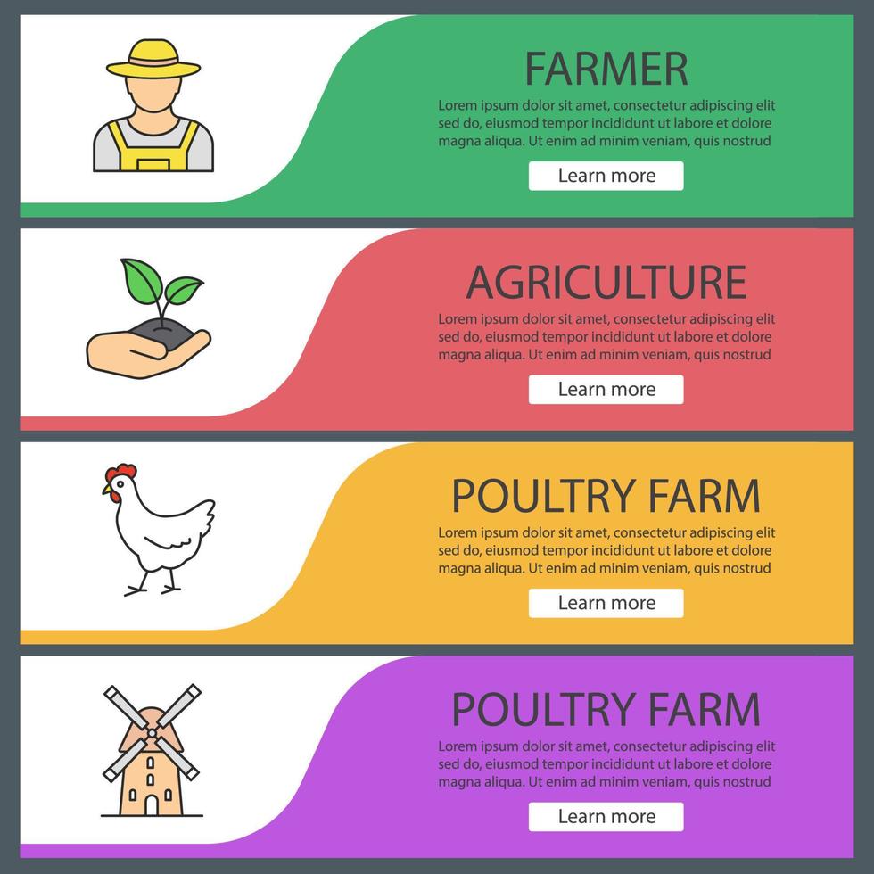 set di modelli di banner web per l'agricoltura. contadino, pollo, germoglio in mano, mulino a vento. voci di menu a colori del sito Web. concetti di progettazione di intestazioni vettoriali