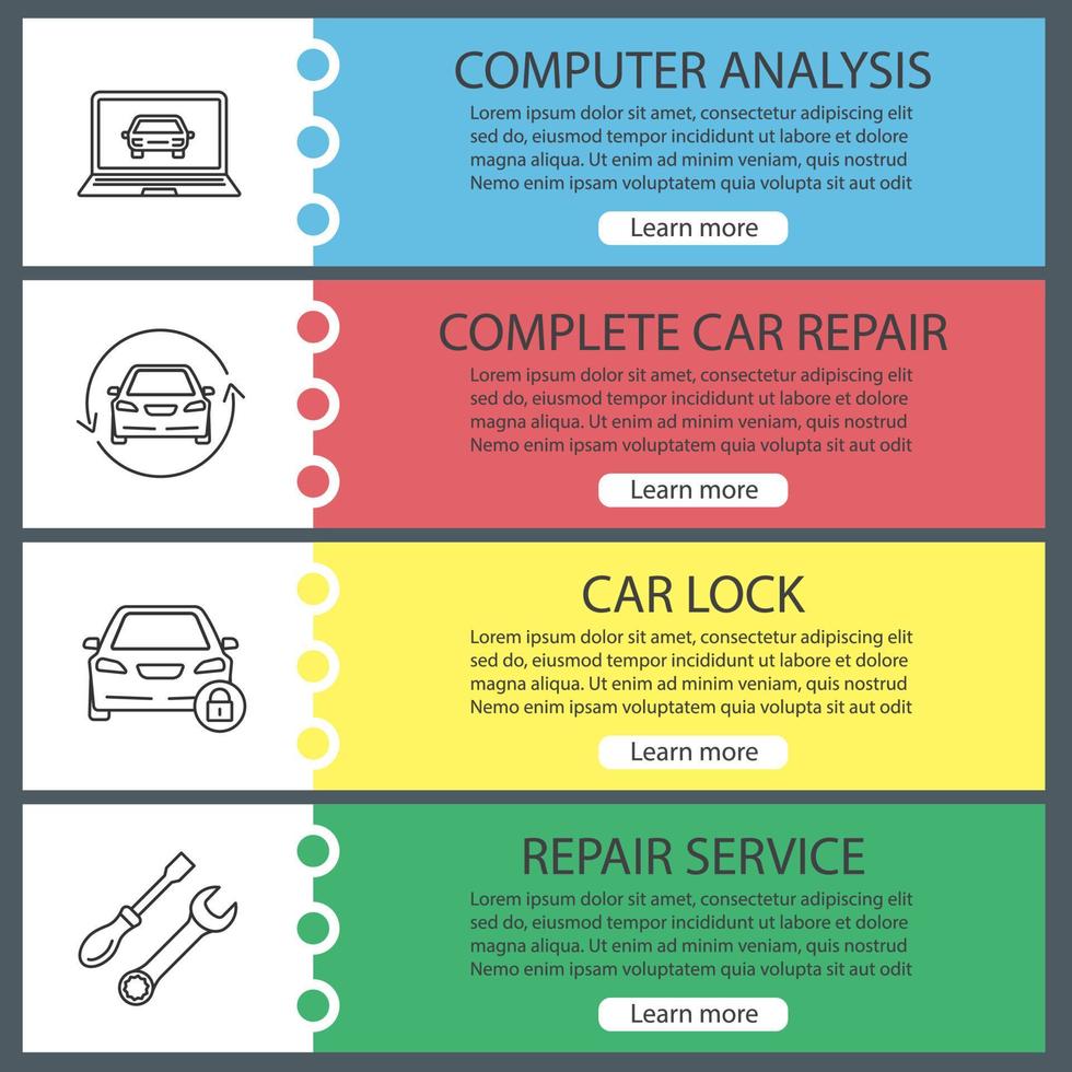 set di modelli di banner web per officina automatica. analisi computerizzata, riparazione auto, serratura, chiave inglese e cacciavite. voci di menu a colori del sito Web con icone lineari. concetti di progettazione di intestazioni vettoriali