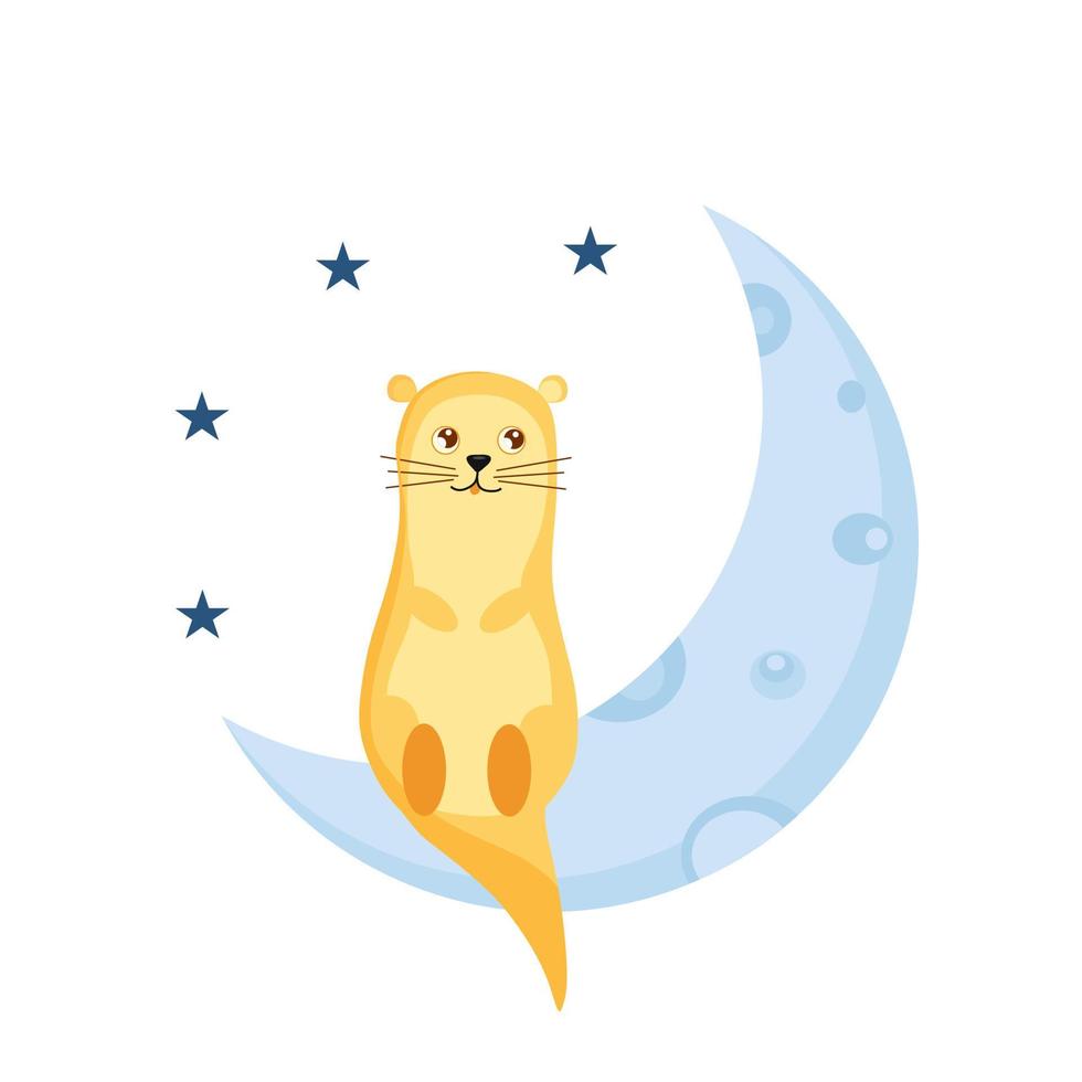 una simpatica lontra si siede sulla luna. illustrazione vettoriale per la scuola materna.