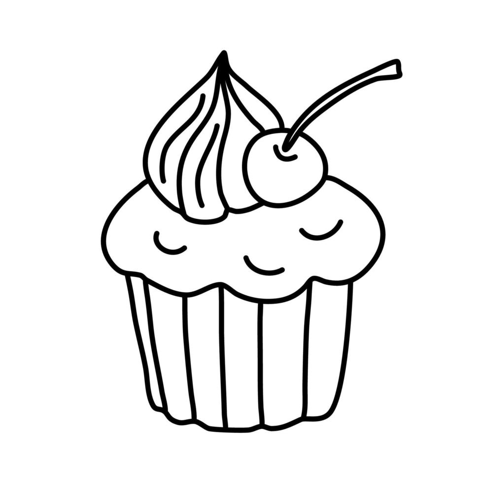 cupcake con crema e ciliegia. disegno di doodle di vettore. vettore