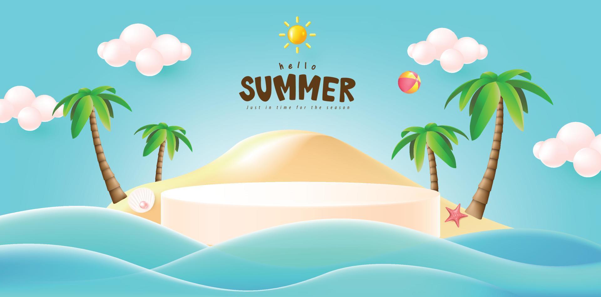 modello di banner summerposter per la promozione con visualizzazione del prodotto forma cilindrica e sfondo spiaggia vettore