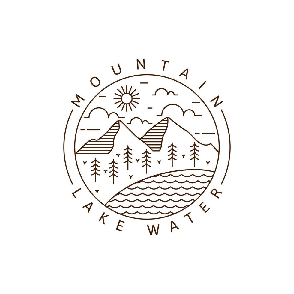 illustrazione vettoriale in stile monoline o line art di montagna e lago