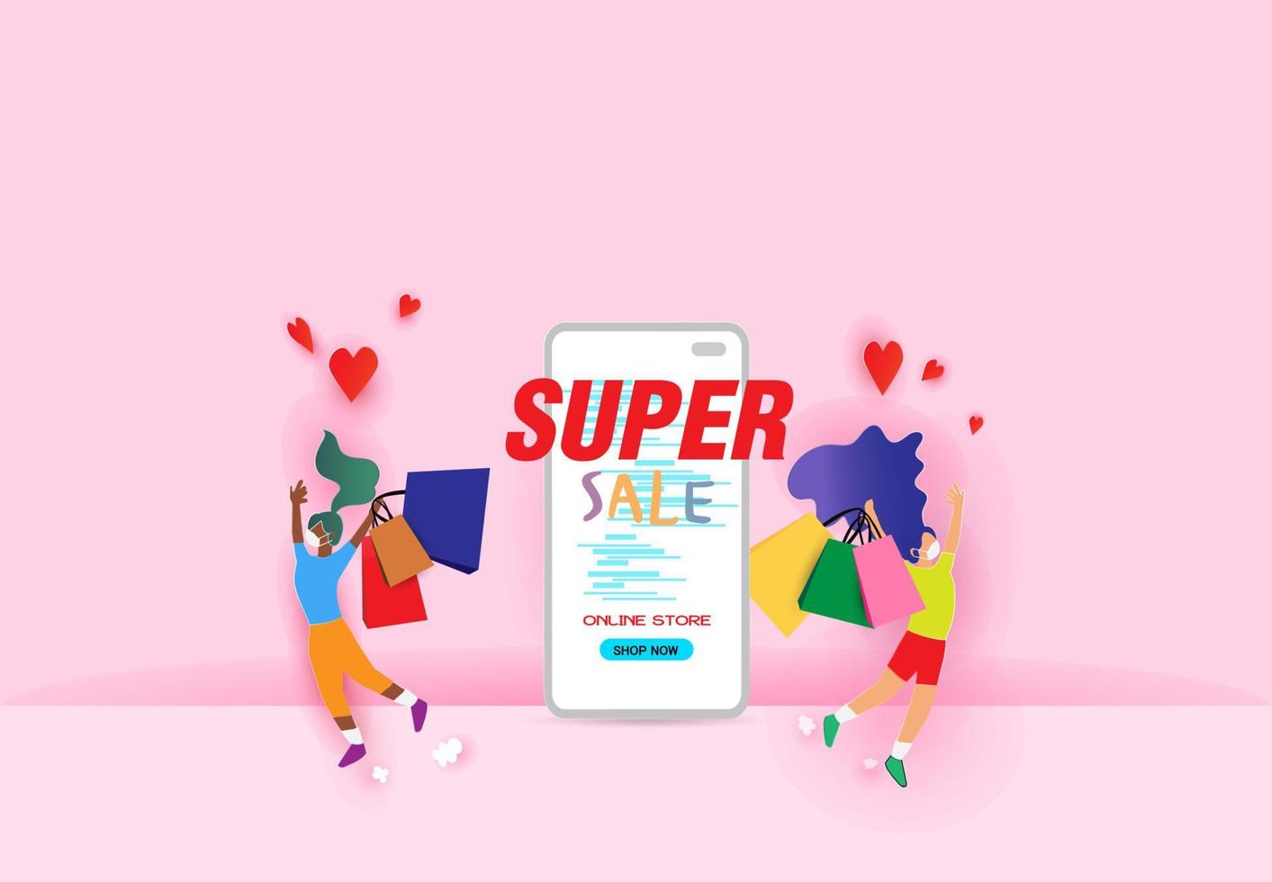 promozione della vendita con testo super vendita e ragazza etnica felice sul design del telefono cellulare per la vendita di banner con donne adorabili che corrono andare a fare shopping in sfondo astratto e camicia colorata. illustrazione vettoriale