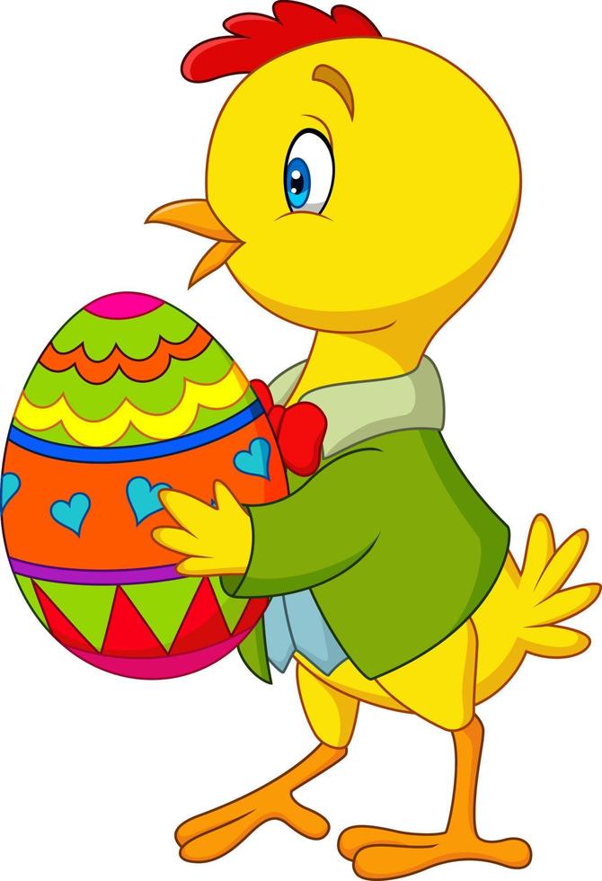 pulcino del fumetto che tiene un uovo di Pasqua decorato vettore