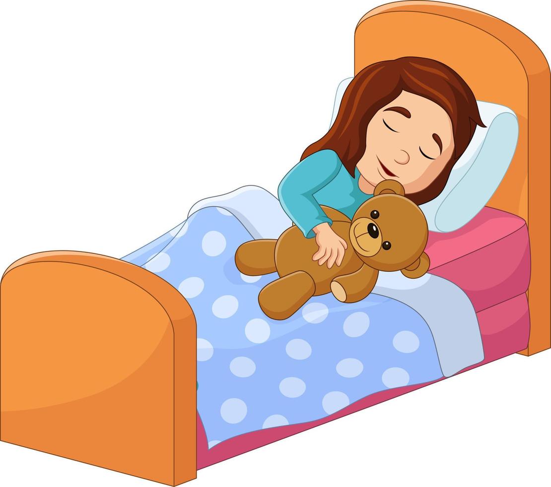 bambina del fumetto che dorme con l'orso di peluche vettore