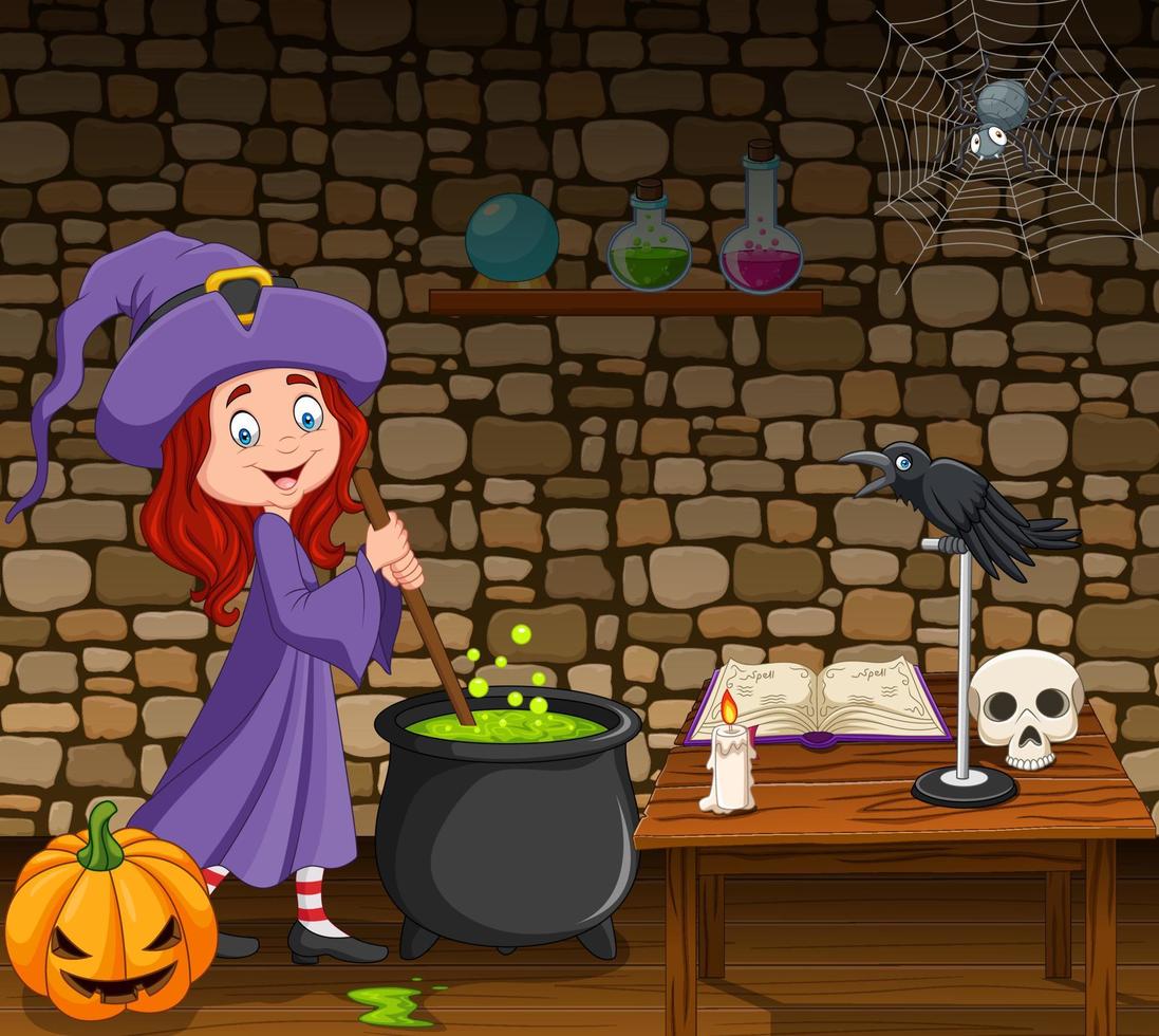 sfondo di halloween con una piccola strega che mescola pozione magica vettore