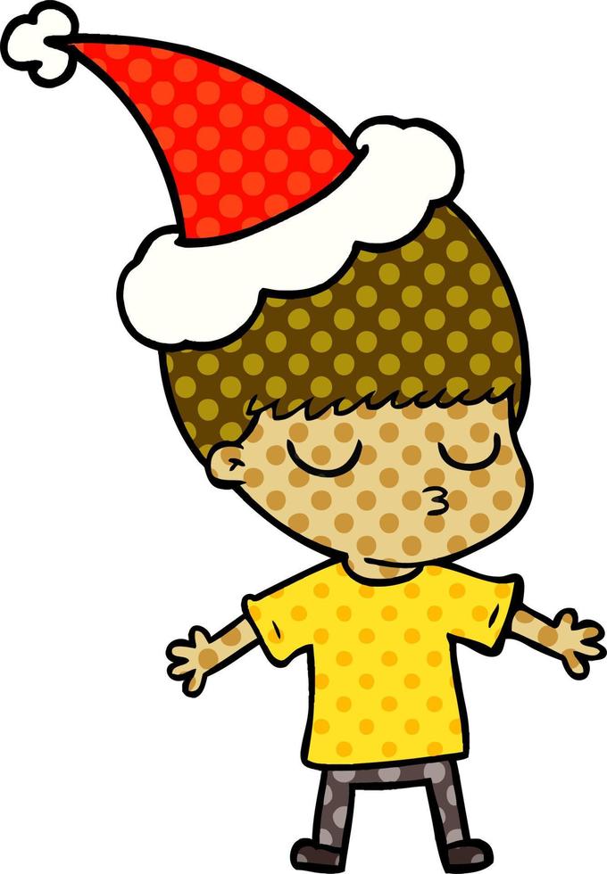 illustrazione in stile fumetto di un ragazzo calmo che indossa il cappello di Babbo Natale vettore