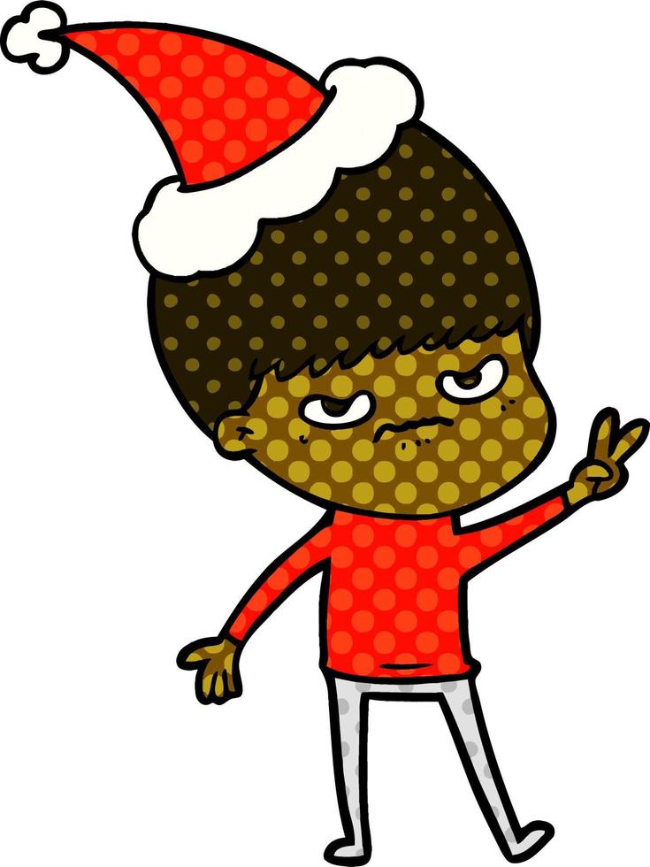 infastidito in stile fumetto illustrazione di un ragazzo che indossa il cappello di Babbo Natale vettore