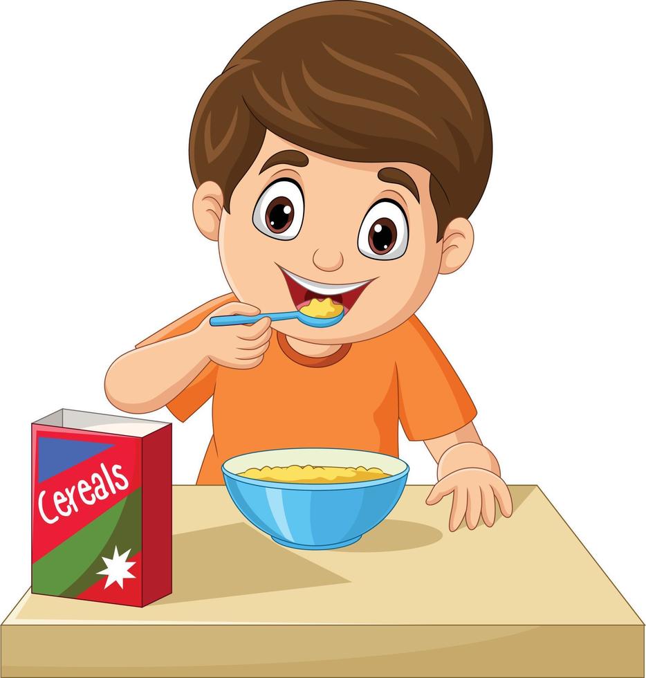 ragazzino del fumetto che mangia cereali per la colazione vettore