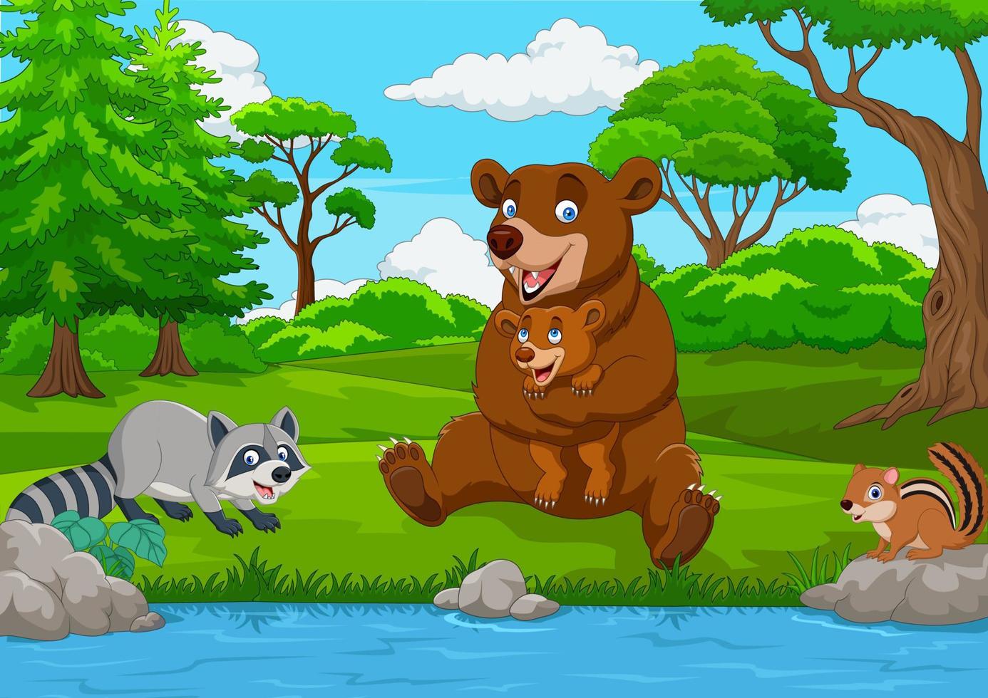 cartone animato famiglia di orso bruno nella foresta vettore